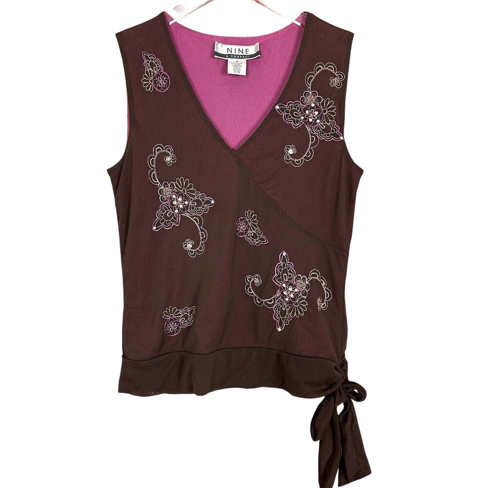 Y2K 2000s Brown Sleeveless Top Embroidered Pink Paisley Fairy Boho Womens Small